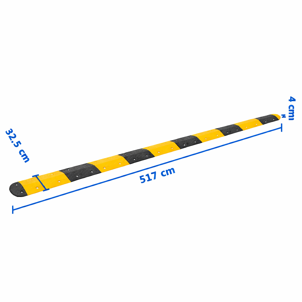 Yellow and black rubber traffic speed bump measuring 517 x 32.5 x 4 cm, designed for safety, by RubberXL.