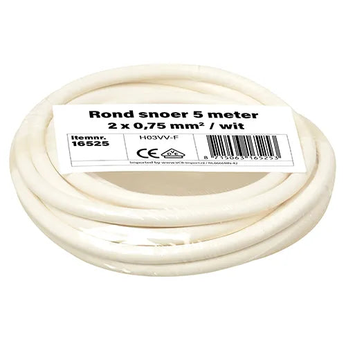 Kleine rollen rond snoer 2x0,75 mm² wit 5 meter