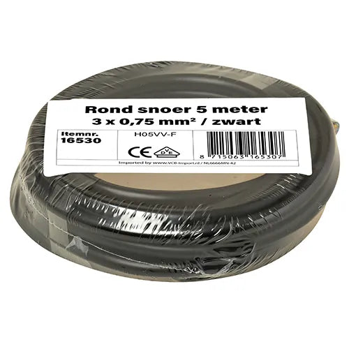 Kleine rollen rond snoer 3x0,75 mm² zwart 5 meter