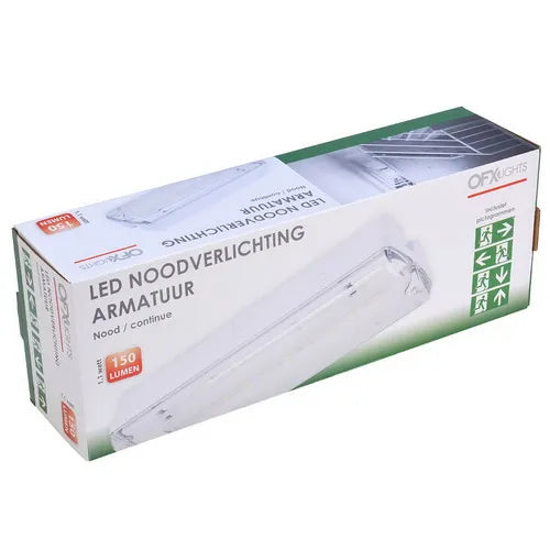OFX LED noodverlichting opbouw 1.1W met 4 pictogramstickers, geschikt voor nood- en continu gebruik, geïnstalleerd op muur