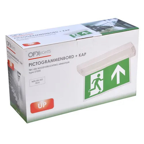OFX vluchtwegaanduiding pictogram met kap, duidelijke veiligheidsinformatie voor evacuatie, zichtbaar in de afbeelding.