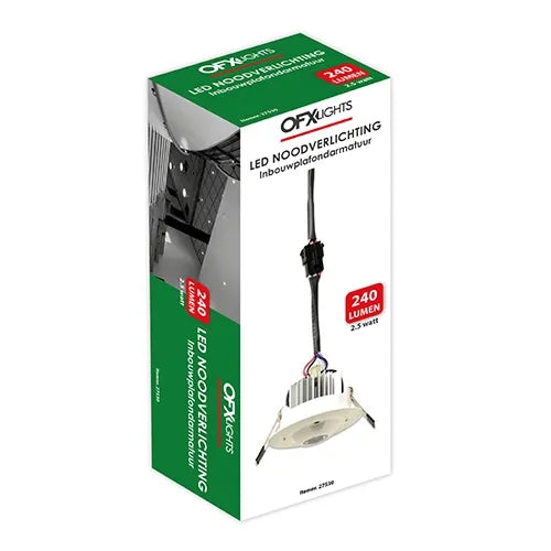 OFX LED noodverlichting inbouwspot, 2.5W, 240 lumen, 6000K, with 3-hour emergency light function in a sleek design.
