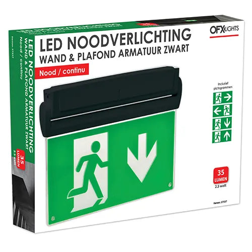 OFX LED emergency lighting wand and ceiling unit, continuous emergency light with 3-hour duration, suitable for safety applications.