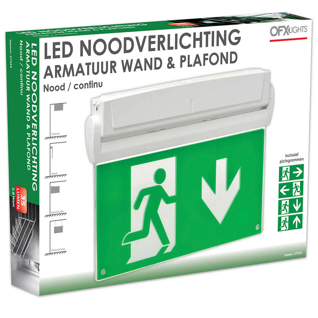 OFX LED emergency lighting fixture for wall and ceiling, white, with 3-hour continuous power, suitable for emergency situations.