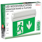 OFX LED emergency lighting fixture for wall and ceiling, white, with 3-hour continuous power, suitable for emergency situations.