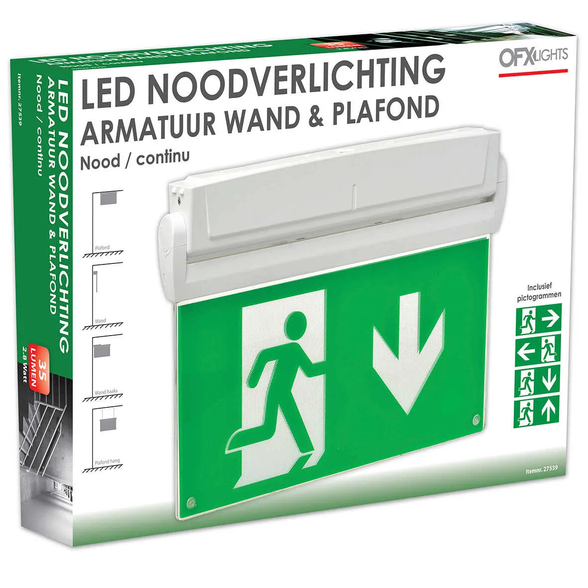 OFX LED emergency lighting fixture for wall and ceiling, white, with 3-hour continuous power, suitable for emergency situations.