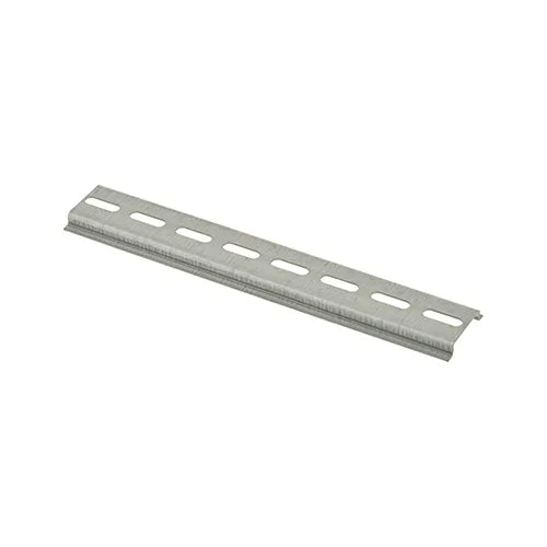 Perforated universal Omega DIN-rail 35x7.5 mm, zinc-coated metal for electrical installation, shown in metal finish.