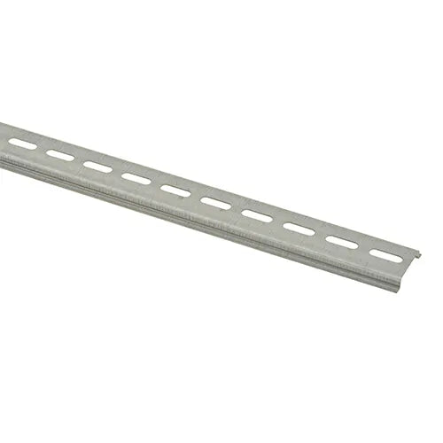 Perforated zinc-plated universal Omega DIN-rail 35x7.5 mm for electrical mounting, shown in the product image.