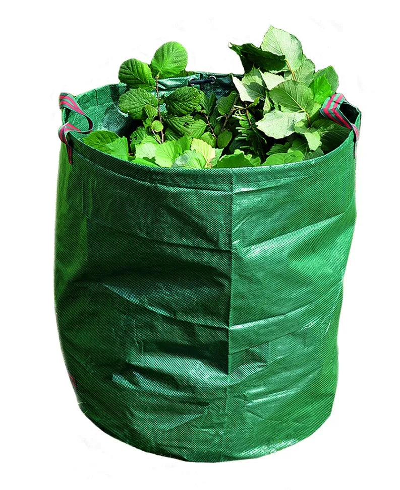 RubberXL 272-liter tuinafvalzak outdoor leaf waste bag with handles, made of durable black plastic for garden debris collection.
