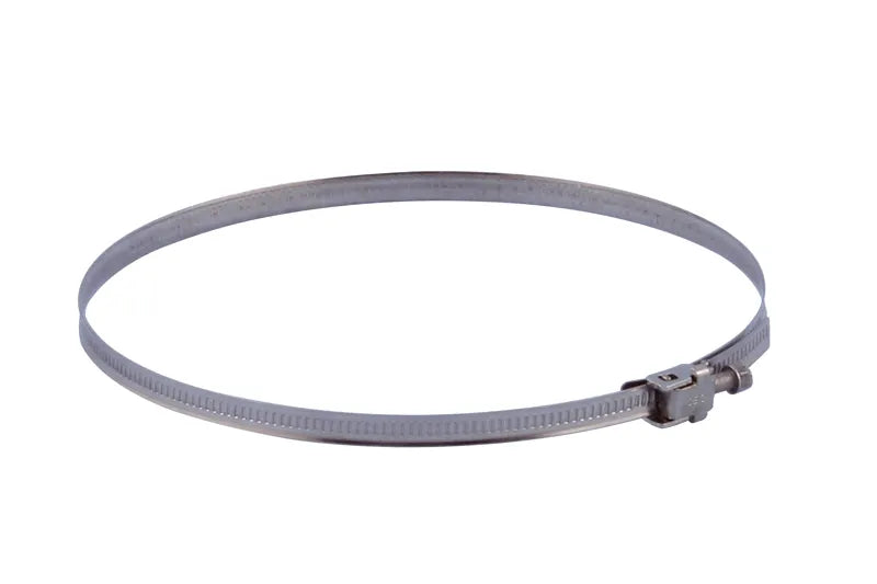 Stainless steel hose clamp Ø 60-165mm from Nedco, quick-release clamp for flexible hoses, shown in close-up.