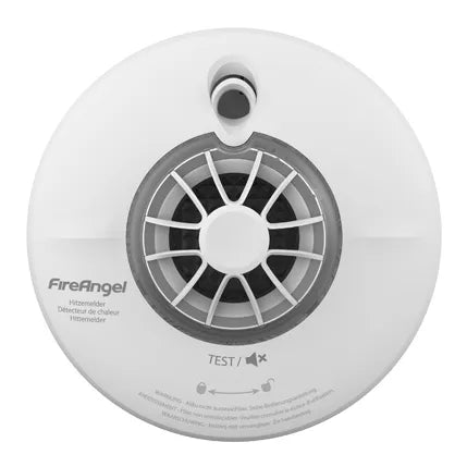 FireAngel HT-630-EUT lithium heat detector, 10-year lifespan, compact fire safety device with mounting bracket and sensor.