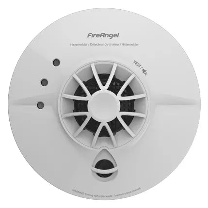 FireAngel Hittemelder 230V lithium smoke detector with 10-year battery life, mounted on a ceiling, for home safety.