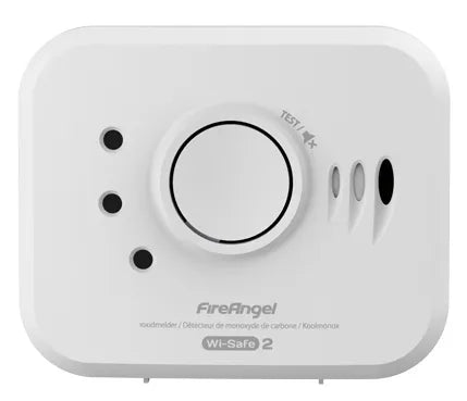 FireAngel CO detector with 10-year lithium battery, compact carbon monoxide alarm showing digital display and test button.