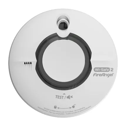FireAngel ST-630-DET smoke detector with 3V lithium battery, 10-year lifespan, mounted on ceiling, close-up view.