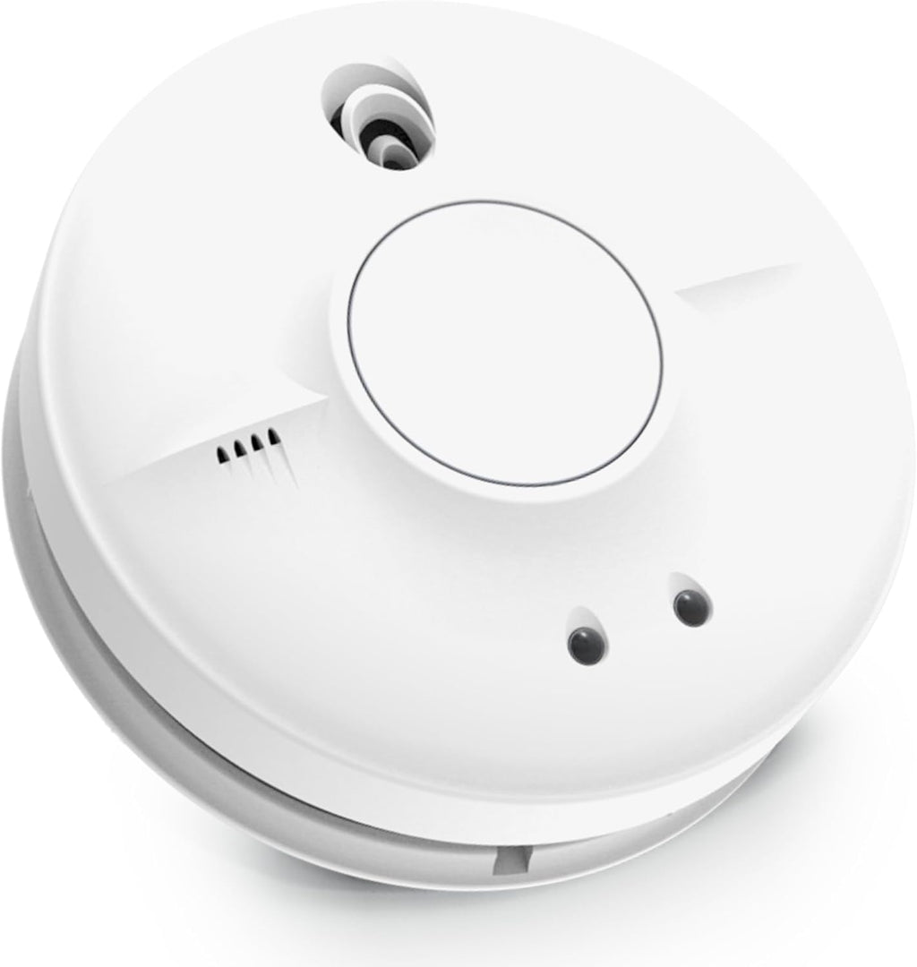 FireAngel SW10-EUT 230V smoke detector with 9V lithium backup, interconnected fire alarm unit, mounted on wall.