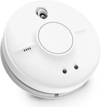 FireAngel SW10-EUT 230V smoke detector with 9V lithium backup, interconnected fire alarm unit, mounted on wall.