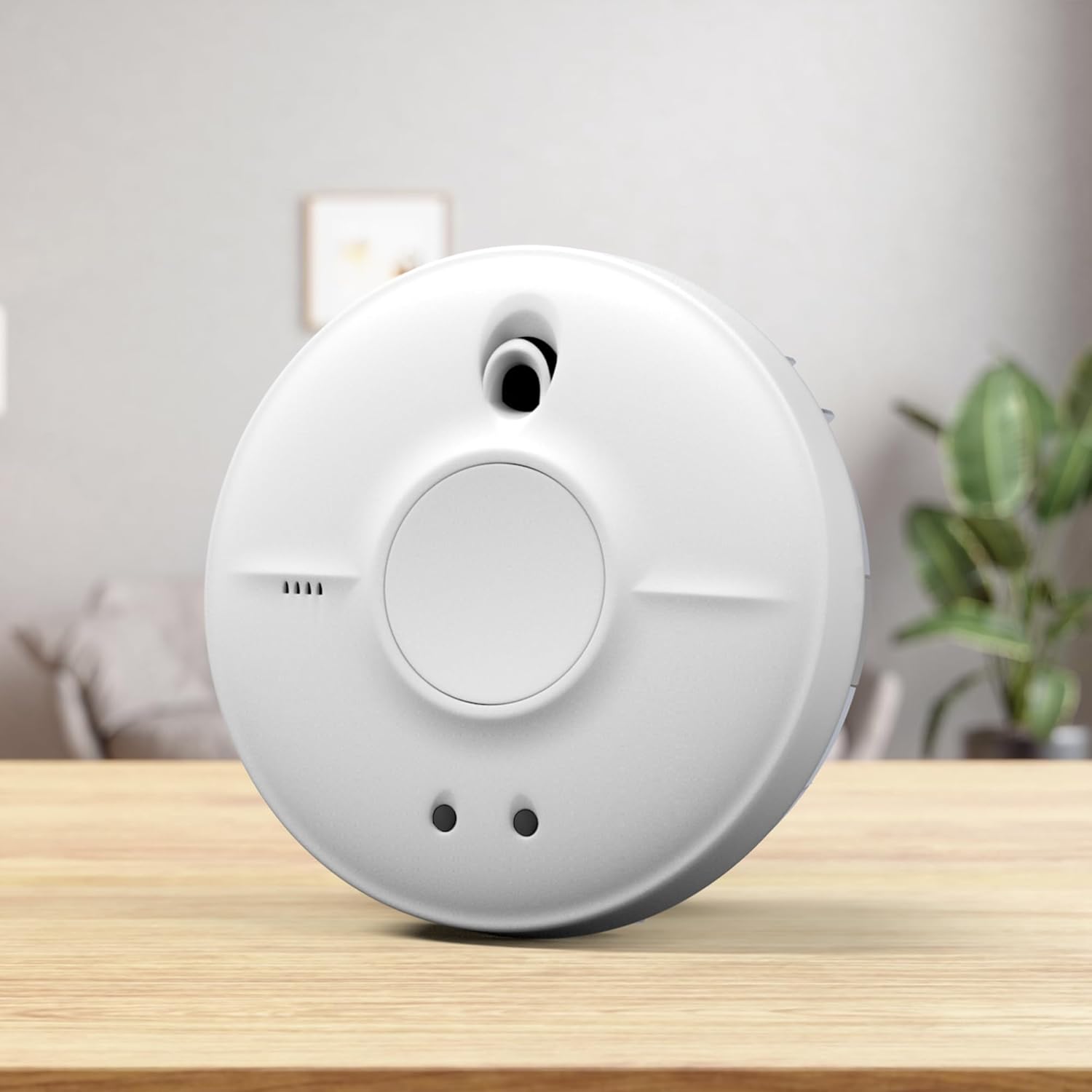 FireAngel SW10-EUT 230V smoke detector with 9V lithium backup, interconnected for home fire safety, mounted on ceiling.