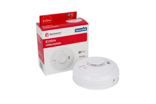 Hittemelder 230V lithium audio alarm with AudioLINK by EI Electronics, showing the device with wiring and control panel.