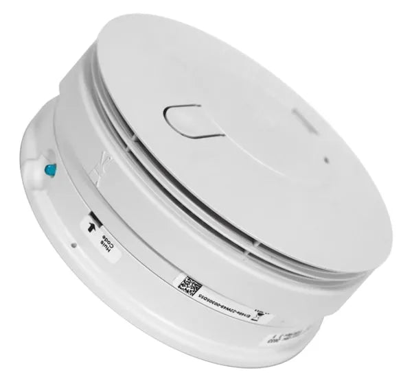 RF-compatible smoke detector by EI Electronics with 9V backup, model Ei146eRF, showing the device and its warning indicator.