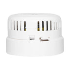 Firehawk FHB10W optical smoke detector with 3V lithium battery and RF module, mounted on a ceiling.