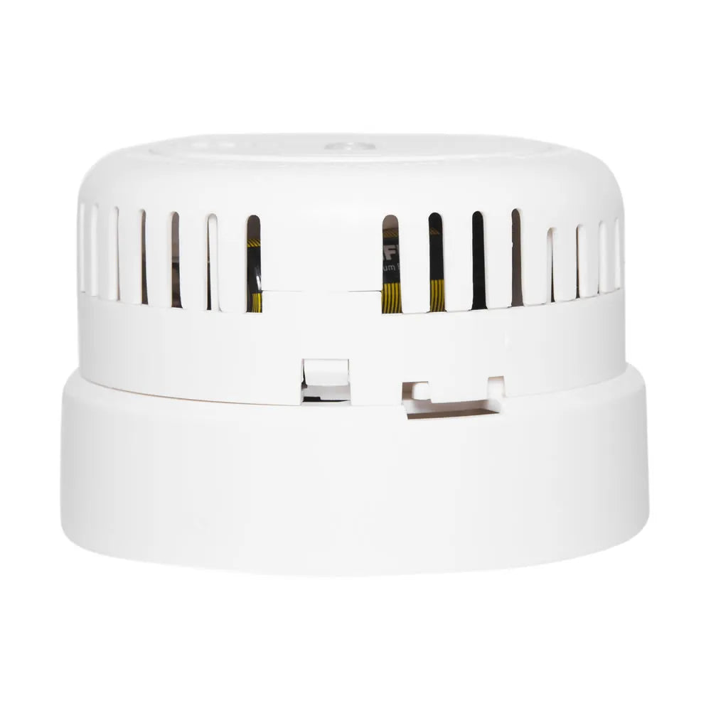 Firehawk FHB10W optical smoke detector with 3V lithium battery and RF module, mounted on a ceiling.