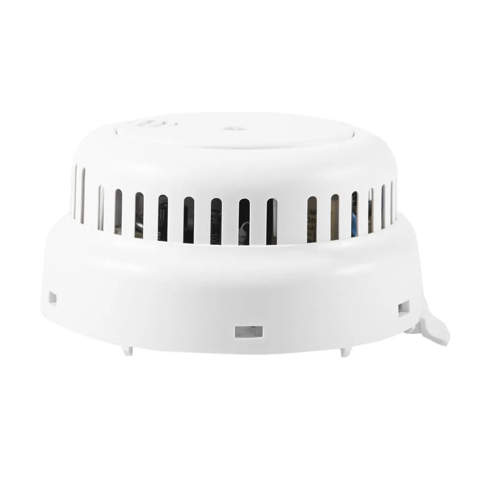 Firehawk 230V smoke detector with lithium backup, linked model Firehawk FHN250RB, showing sensor and wiring in the image.