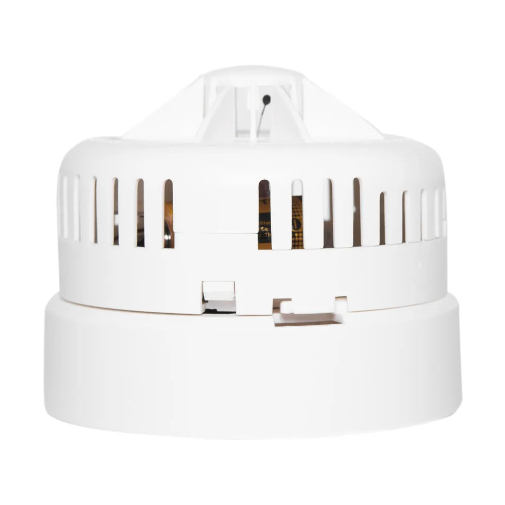 Firehawk Hittemelder 10 jaar lithium batterij, compact fire alarm sensor with long-lasting power, shown in black and white.