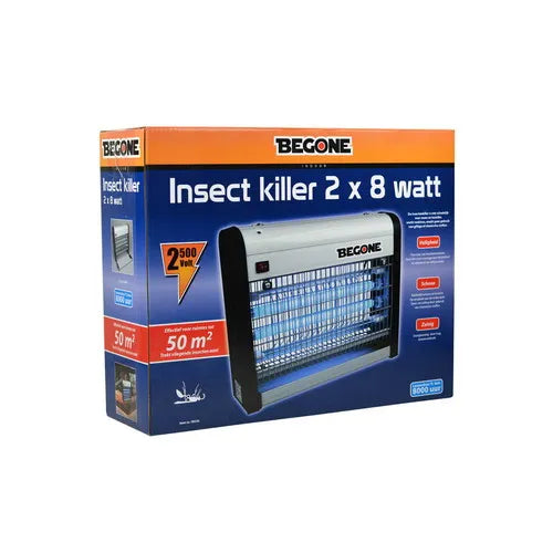 BeGone Vliegenlamp with 2 x 8W bulbs, designed for 50 m², hanging insect trap with modern white design.