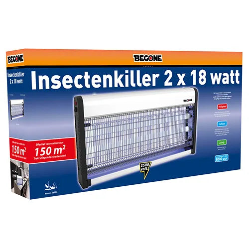 BeGone Vliegenlamp with 2 x 18W bulbs designed for 150 m², featuring a sleek, modern insect trap and UV light for pest control.