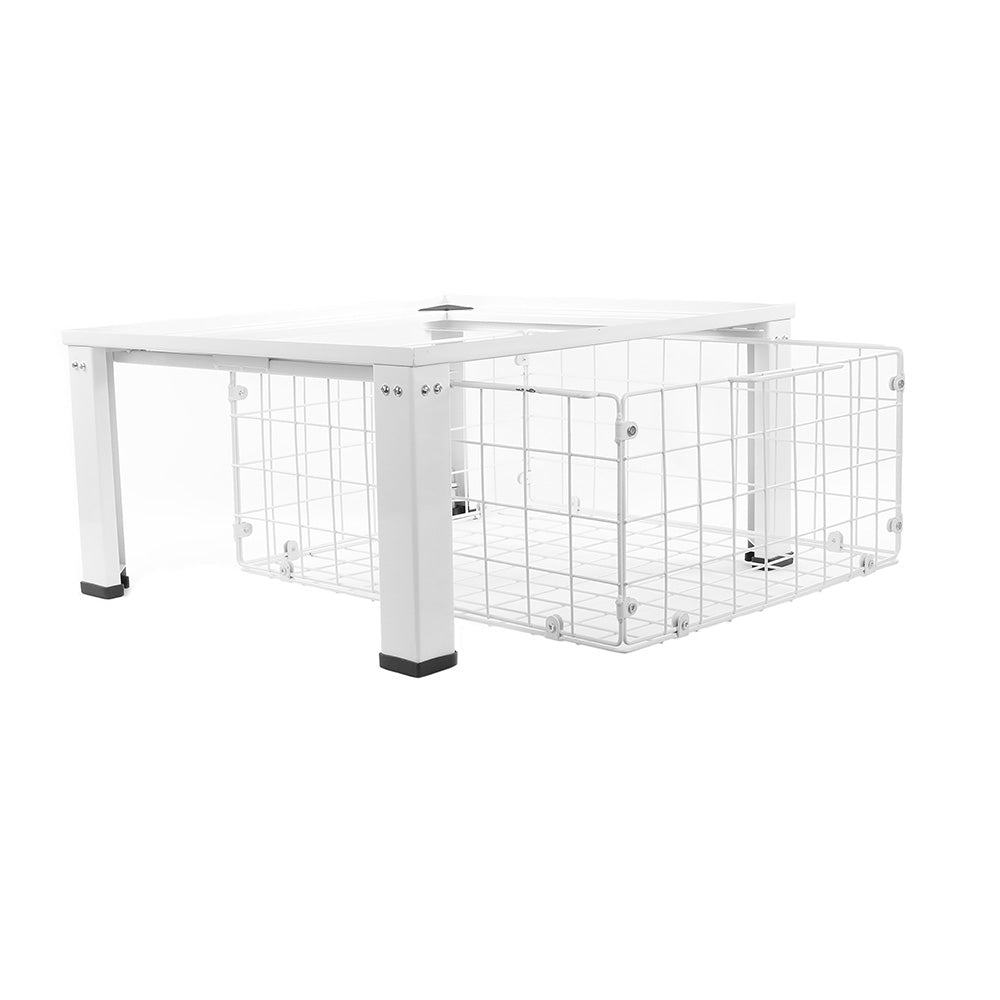 Adjustable Nedco washing machine riser with wire basket for easy access and stability.