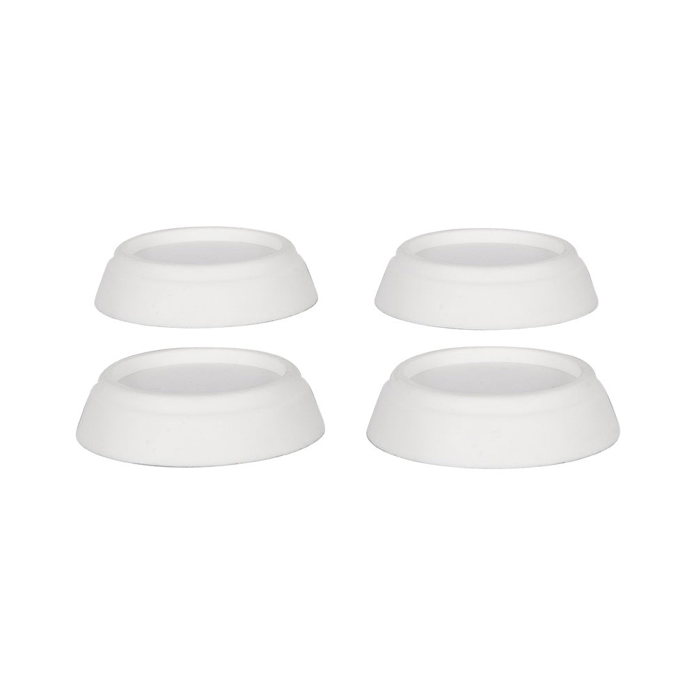 Set of four white Nedco washing machine vibration dampers, universal design, for reducing noise and movement during laundry.