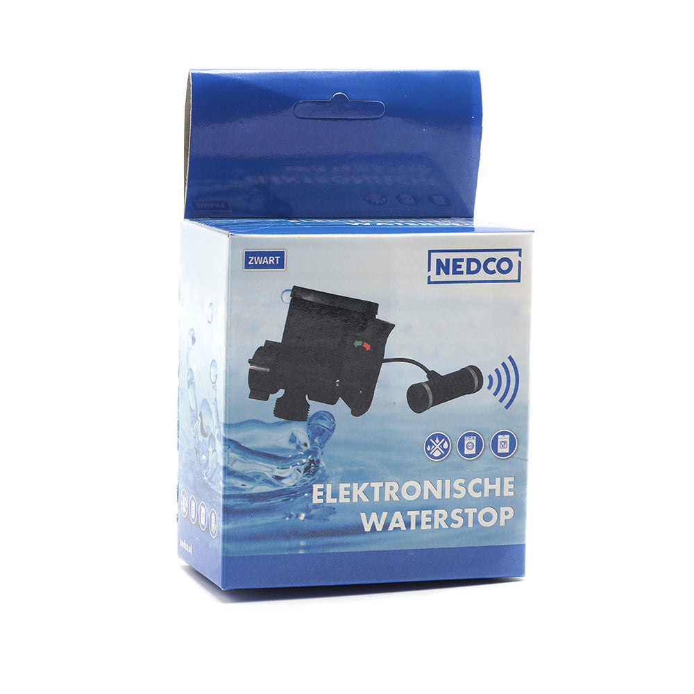 Nedco elektronische waterstop voor wasmachine, zichtbaar in de afbeelding, met bedieningsknoppen en waterbeveiligingssensoren.