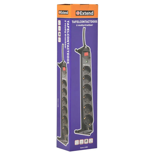 Black VB Extend 6-outlet surge protection power strip with rotating plugs and 3-meter cord on a product display.