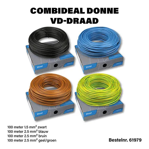 Donné VD draad set with 100 meters in black, blue, brown, and yellow/green colors, shown in a multi-colored spool set image.