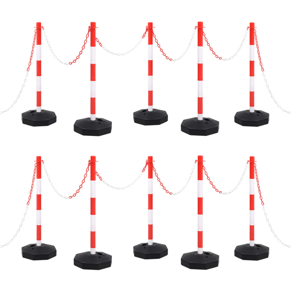 Kettingpalenset met kunststof ketting 10 meter rood en wit - 10 stuks
