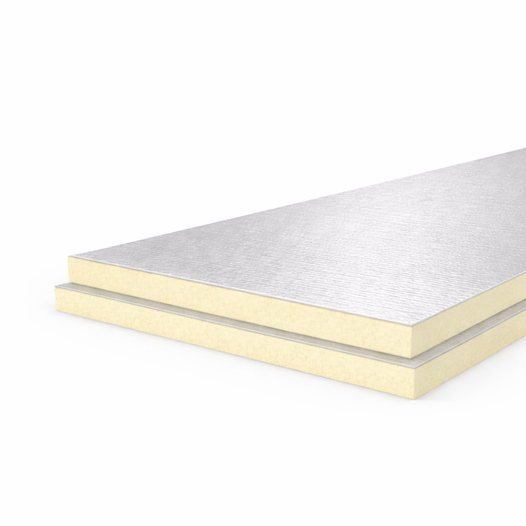 RuplaTec PIR hardschuim isolatieplaten stacked neatly, showcasing their dense foam texture and smooth surface.