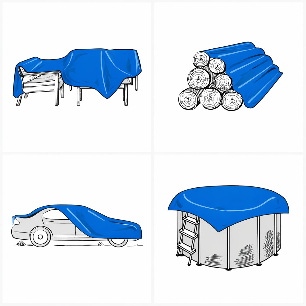 Blue PVC tarpaulin with grommets from Zeilen Kopen, showcasing durable, transparent plastic sheeting for outdoor cover applications.