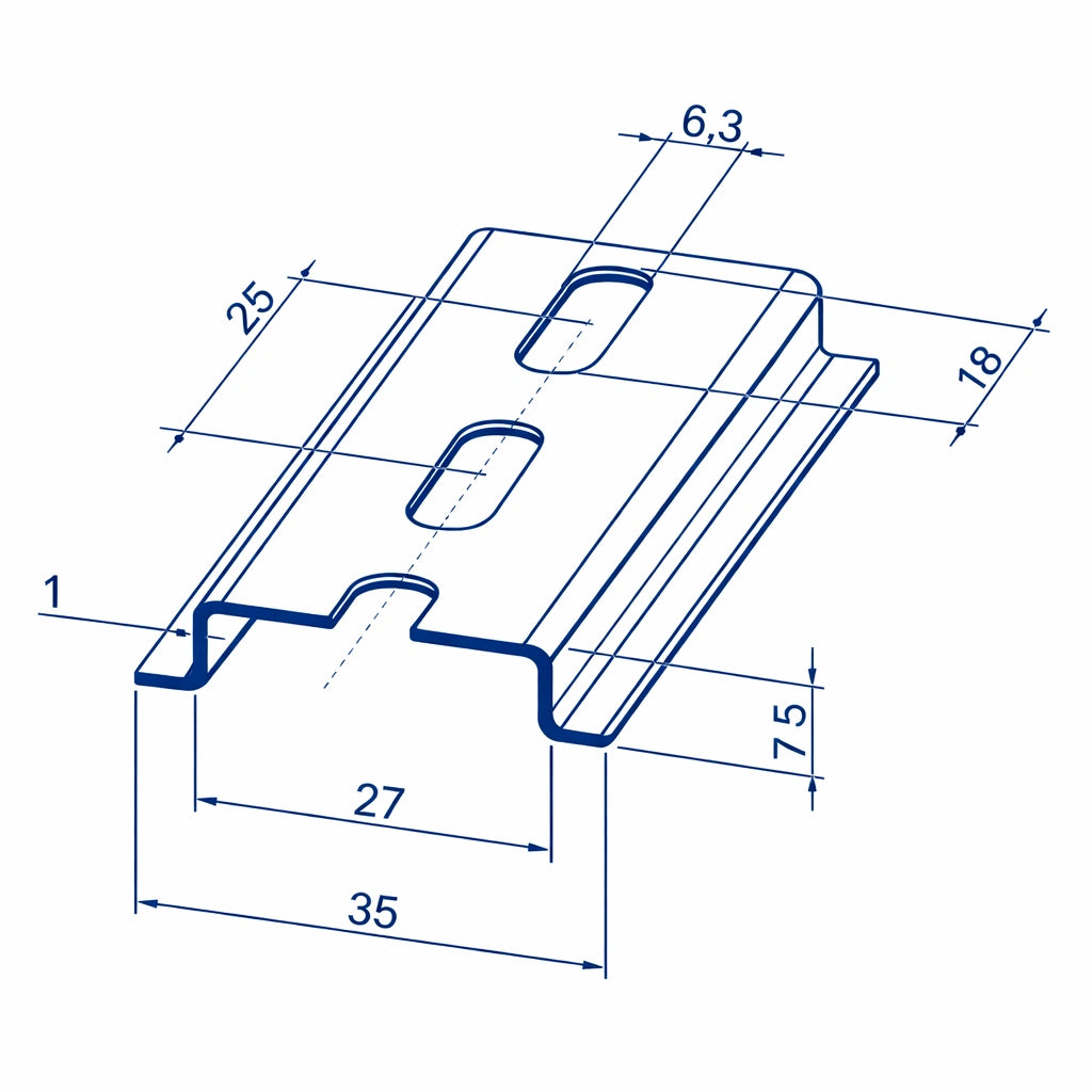 Blue universal Omega DIN-rail, perforated 35x7.5 mm, zinc-plated metal mounting rail for electrical enclosures