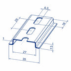 Blue universal Omega DIN-rail, perforated 35x7.5 mm, zinc-plated metal mounting rail for electrical enclosures