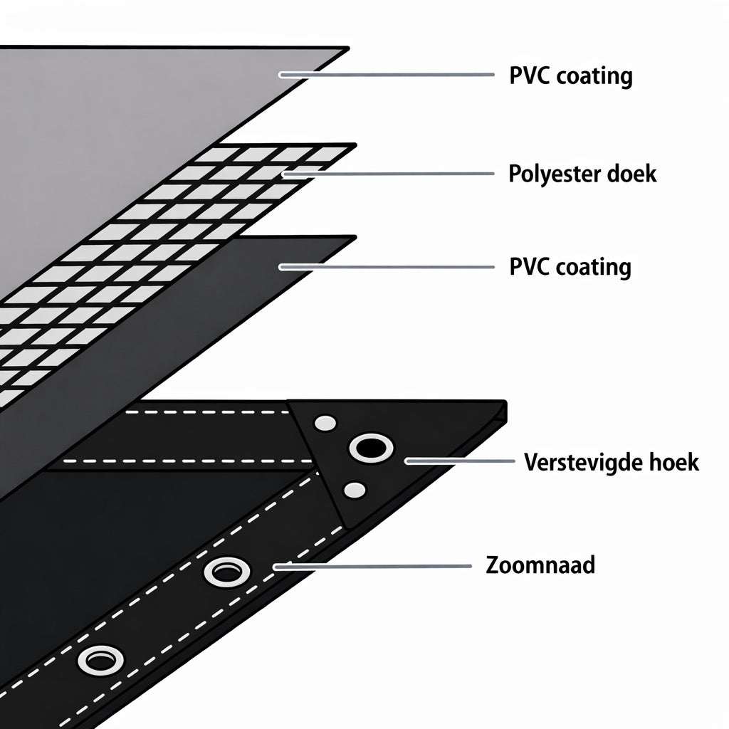 Brown canvas tarpaulin with PVC coating, 650 g/m², shown in a technical diagram for durable weatherproof covering.