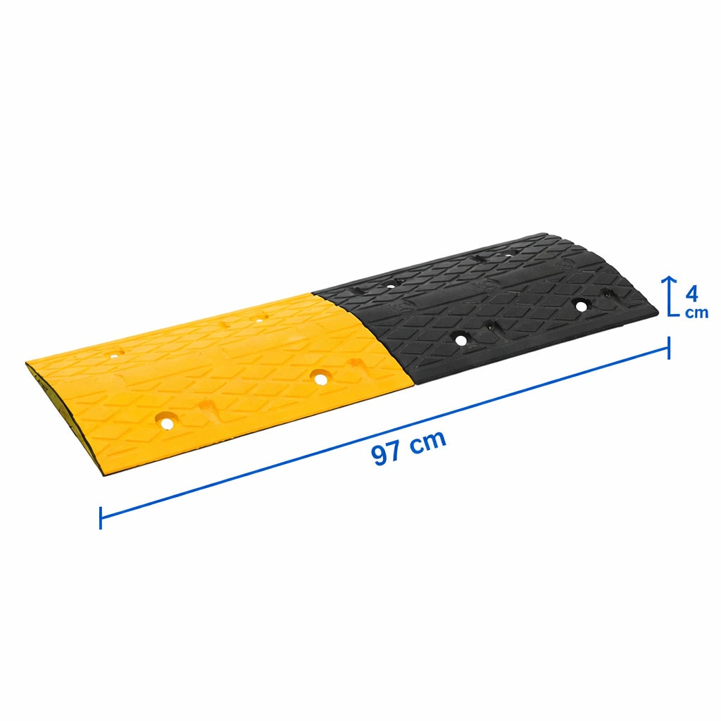 RubberXL yellow and black traffic speed bump measuring 517 x 32.5 x 4 cm, made of durable rubber for safety on roads.