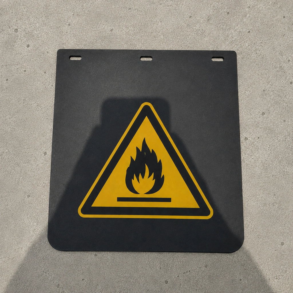 Yellow warning sign with a spatula illustration for rubber bedrukken, displayed on a shadowed background.